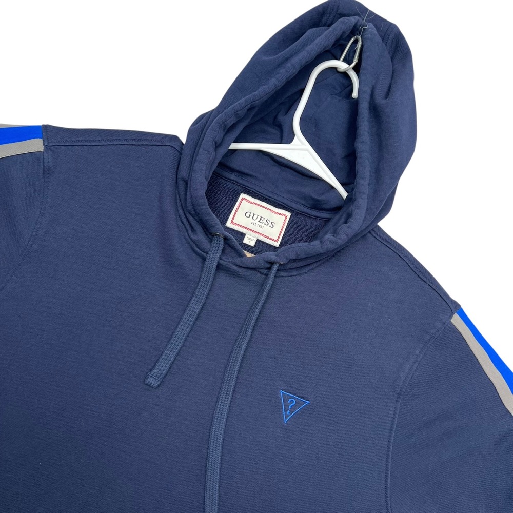 Guess Hoodie Mens Small Navy Blue Racing Stripe Logo Pullover Sweatshirt